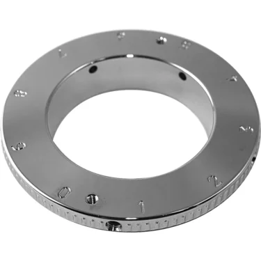 The Mazzer SSJ0GHA02 Adjustment Disc is a shiny, metallic circular component with engraved numbers along its edge, resembling a Mazzer dial or gauge, shown against a white background. © 2025 1st-line.com