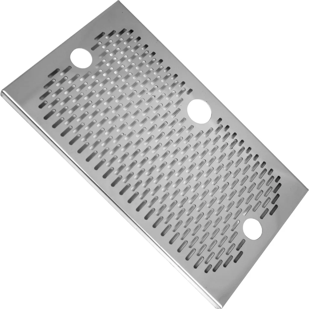 The Orchestrale DN1009 Drip Tray Grill - Nota is a rectangular metal plate with rounded corners, small oval grid perforations, and three large circular side holes—ideal as a drip tray grill for the Orchestrale DN1009 or Nota. © 2025 1st-line.com