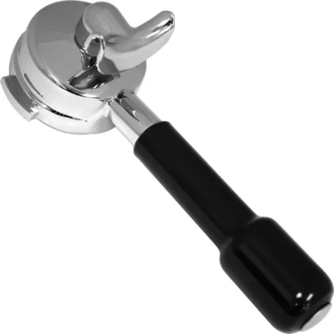 The Orchestrale DN4001 2 Cup Black Polish Filter Holder - Nota, a metal portafilter with a black handle, is displayed on a white background. It holds coffee grounds for use in an espresso machine. © 2025 1st-line.com