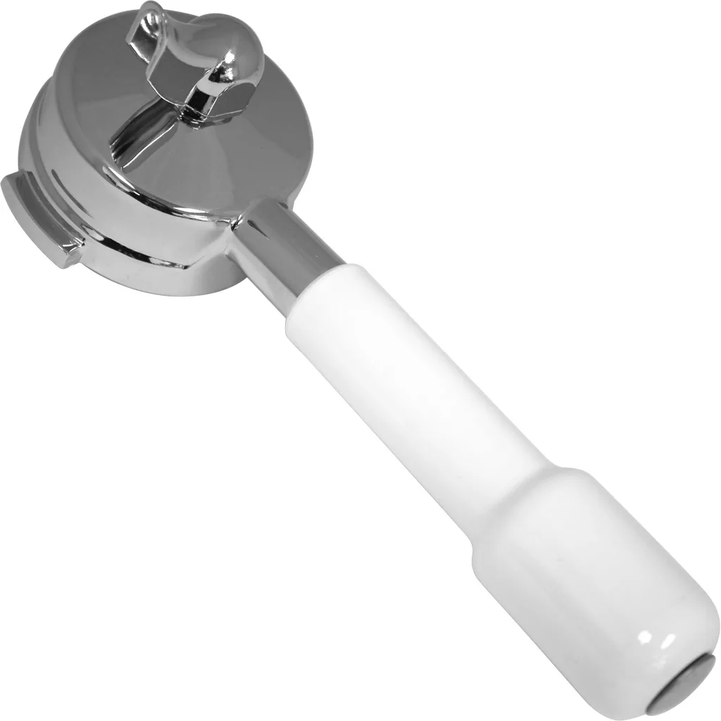 The Orchestrale DNPF01W 1 Cup White Polish Filter Holder - Nota, featuring a shiny metal basket and sleek white handle for espresso machines, is displayed against a plain white background. © 2025 1st-line.com