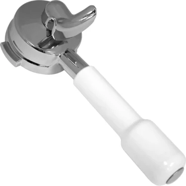 The Orchestrale DNPF02W 2 Cup White Polish Filter Holder is a metal filter holder with a white handle, designed for the Nota espresso machine, ideal for holding coffee grounds when brewing 2 cup servings. © 2025 1st-line.com