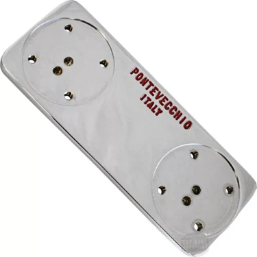 The Ponte Vecchio 2 Group Plate Chrome - Lusso PSTR2R is a rectangular metal plate with two circular sections for electrical connections and PONTEVECCHIO ITALY engraved in red on the right side. © 2025 1st-line.com