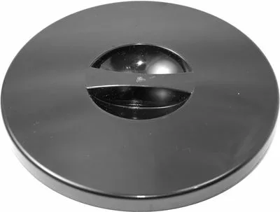 The Quamar 160149 Bean Hopper Lid is a round, black lid with a central raised dome and a horizontal bar across the middle, offering a sleek, minimalist look. © 2025 1st-line.com