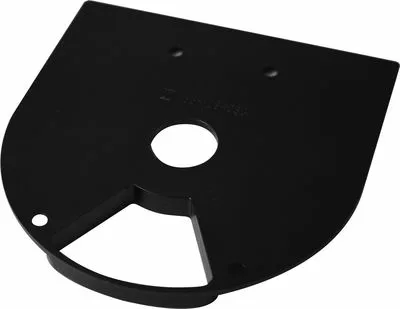 The Rancilio 38123030 Bottom Doser Cover is a black, semi-circular plastic part with a central round hole, two smaller upper holes, and an indented flat bottom edge with two cutouts. © 2025 1st-line.com