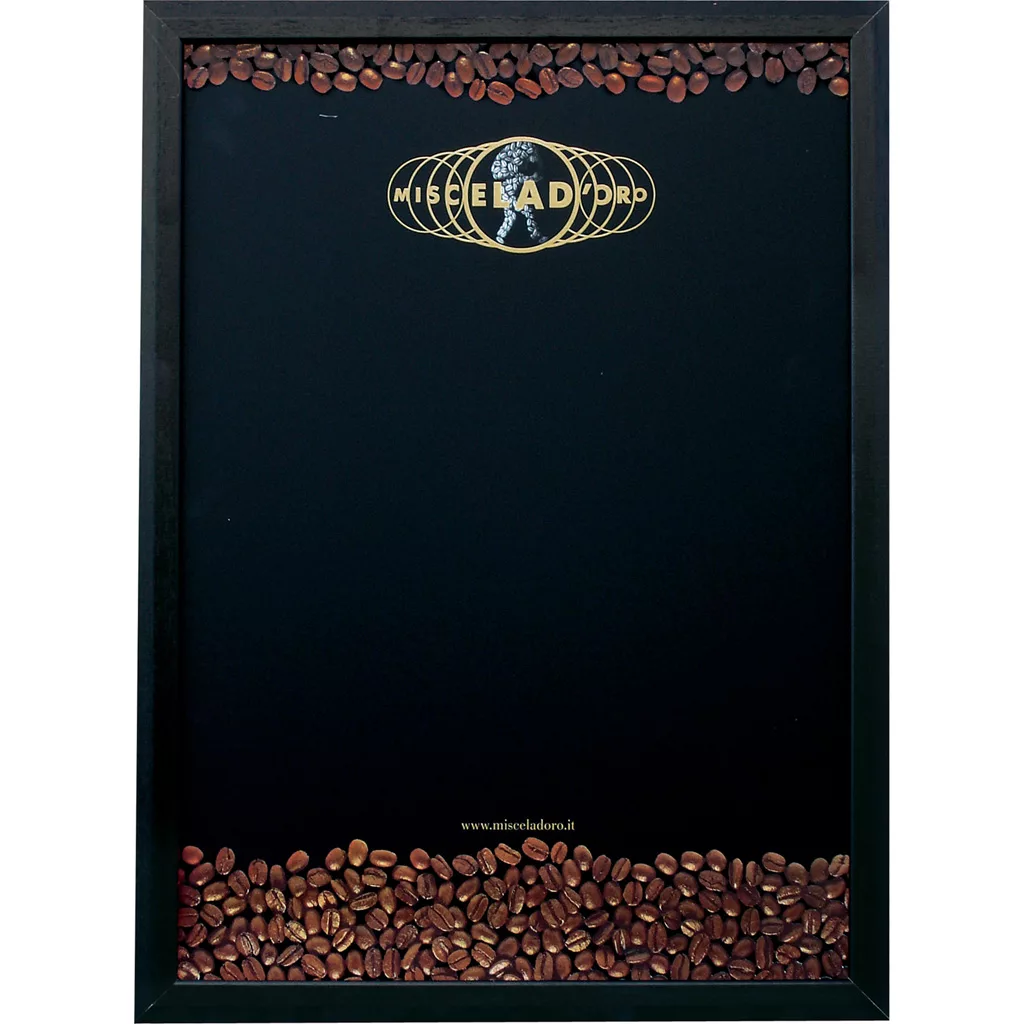 The SIDEWALK SALE - Miscela dOro Blackboard/Chalkboard features the Miscela dOro logo at the top, coffee beans along the bottom, and a plain black background—ideal for highlighting specials. © 2025 1st-line.com