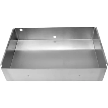 The VBM CARRCASDOMSAR drawer is a rectangular stainless steel box with smooth surfaces, three round holes on the back panel, and sleek lips on the sides, viewed from above. © 2025 1st-line.com