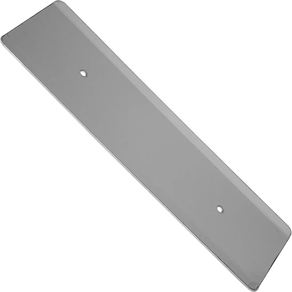 The VBM CARRCFRODOMKI Junior Drip Tray Front Panel is a rectangular, metallic panel with a smooth surface, two screw holes at the ends, and slightly rounded edges for installation on the lower front of a door. © 2025 1st-line.com