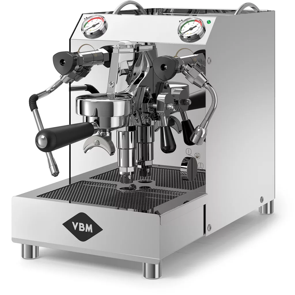 The VBM Domobar Super is a stainless steel, switchable HX espresso machine with dual gauges, rotary pump, steam and hot water wands, a portafilter, and drip tray—perfectly designed for crafting specialty coffee drinks. © 2025 1st-line.com