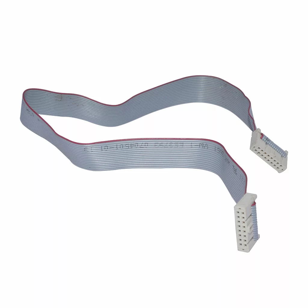 The VBM ELETCAV8VX2DIS PID Cable features two white rectangular connectors, multiple parallel wires with a red stripe, and is ideal for connecting a relay to a PID controller. Shown isolated on a white background. © 2025 1st-line.com