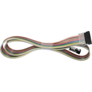 The VBM ELETCCAV8V600 Push Button Cable is a flat, multicolored cable with black connectors on both ends, shown coiled in a loose figure-eight shape on a white background—perfect for electronic models. © 2025 1st-line.com