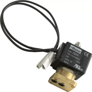 The VBM ELETELE3VCAB 3 Way Solenoid Valve with Coil features a black coil, two wires, a brass valve body, voltage and certification labels, and a white connector. © 2025 1st-line.com