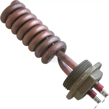 The VBM ELETRESSM1811 1600W 110V Heating Element features a coiled copper design with two metal terminals and a threaded brass base, ideal for installation in water heaters or similar appliances. © 2025 1st-line.com