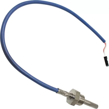 The VBM ELETSONTEMPII Temperature Probe features a metallic body with a hexagonal base, blue insulated wire, and small black connector—ideal for precise temperature measurements. © 2025 1st-line.com