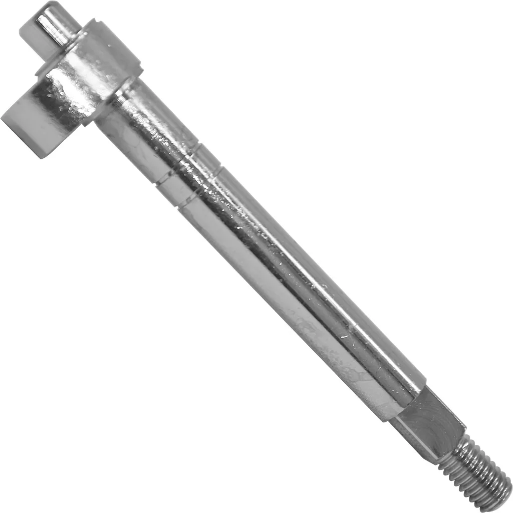 The VBM RACCALCAGR Grouphead Lever Cam features a shiny, metallic finish with a smooth, cylindrical shaft, threaded end, and an angled flat extension near the top. © 2025 1st-line.com