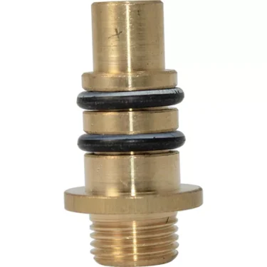 The VBM RACCBUSCADOMS Drip Tray Discharge Fitting features a threaded brass base, flange, and two black rubber O-rings on its upper cylinder—perfect for VBM espresso machine drip trays. © 2025 1st-line.com