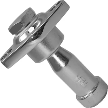 The VBM RACCCASUTEPI Grouphead Upper Cap is a shiny, metallic, hexagonal bolt with a wide, flat flange and cylindrical base—perfect for espresso machine parts—shown on a white background. © 2025 1st-line.com