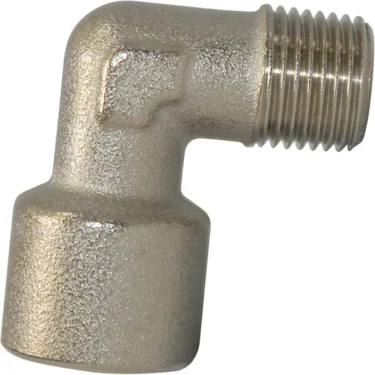 The VBM RACCGOMF458 1/8Fx1/8M Elbow Fitting is a metallic right-angle connector with a threaded male end and smooth female end, ideal for plumbing applications. © 2025 1st-line.com