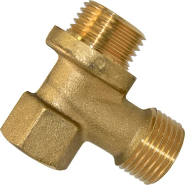 The VBM RACCP428 Outlet Tube Fitting is a brass T-shaped fitting with threaded male ends on two sides and a threaded female opening on the third for secure plumbing connections. © 2025 1st-line.com