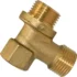 The VBM RACCP428 Outlet Tube Fitting is a brass T-shaped fitting with threaded male ends on two sides and a threaded female opening on the third for secure plumbing connections. © 2025 1st-line.com