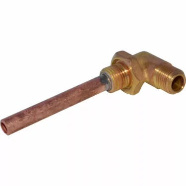 The VBM RACCP430 Injector Fitting L 1/4 is a brass and copper right-angle elbow fitting with threaded brass ends and a straight copper pipe extension. © 2025 1st-line.com