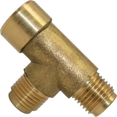 The VBM RACCP735 T-Shaped 1/4x1/4x1/4 fitting features a brass body with one female and two male threaded ends, making it ideal for secure pipe connections. © 2025 1st-line.com
