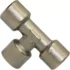 The VBM RACCTFFF461 T FFF 1/8 Fitting is a metallic T-shaped pipe fitting with three openings for connecting pipes in plumbing or fluid systems, featuring a shiny, slightly textured finish. © 2025 1st-line.com