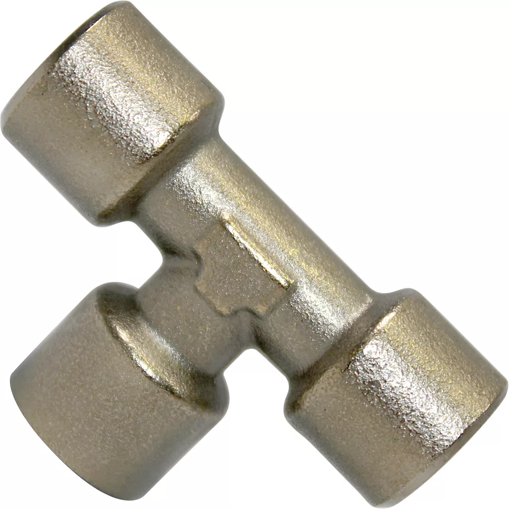 The VBM RACCTFFF461 T FFF 1/8 Fitting is a metallic T-shaped pipe fitting with three openings for connecting pipes in plumbing or fluid systems, featuring a shiny, slightly textured finish. © 2025 1st-line.com