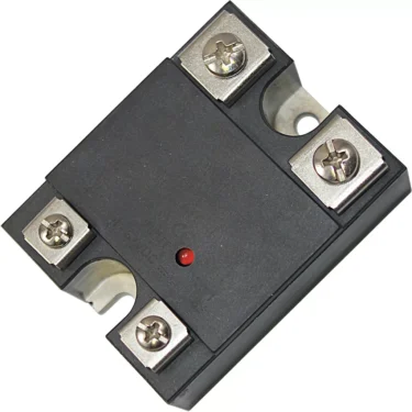 The VBM RELESTATICODS Static Relay - 110V is black, has four metal screw terminals, a central red indicator light, a side mounting hole, and is designed for 110V use. © 2025 1st-line.com