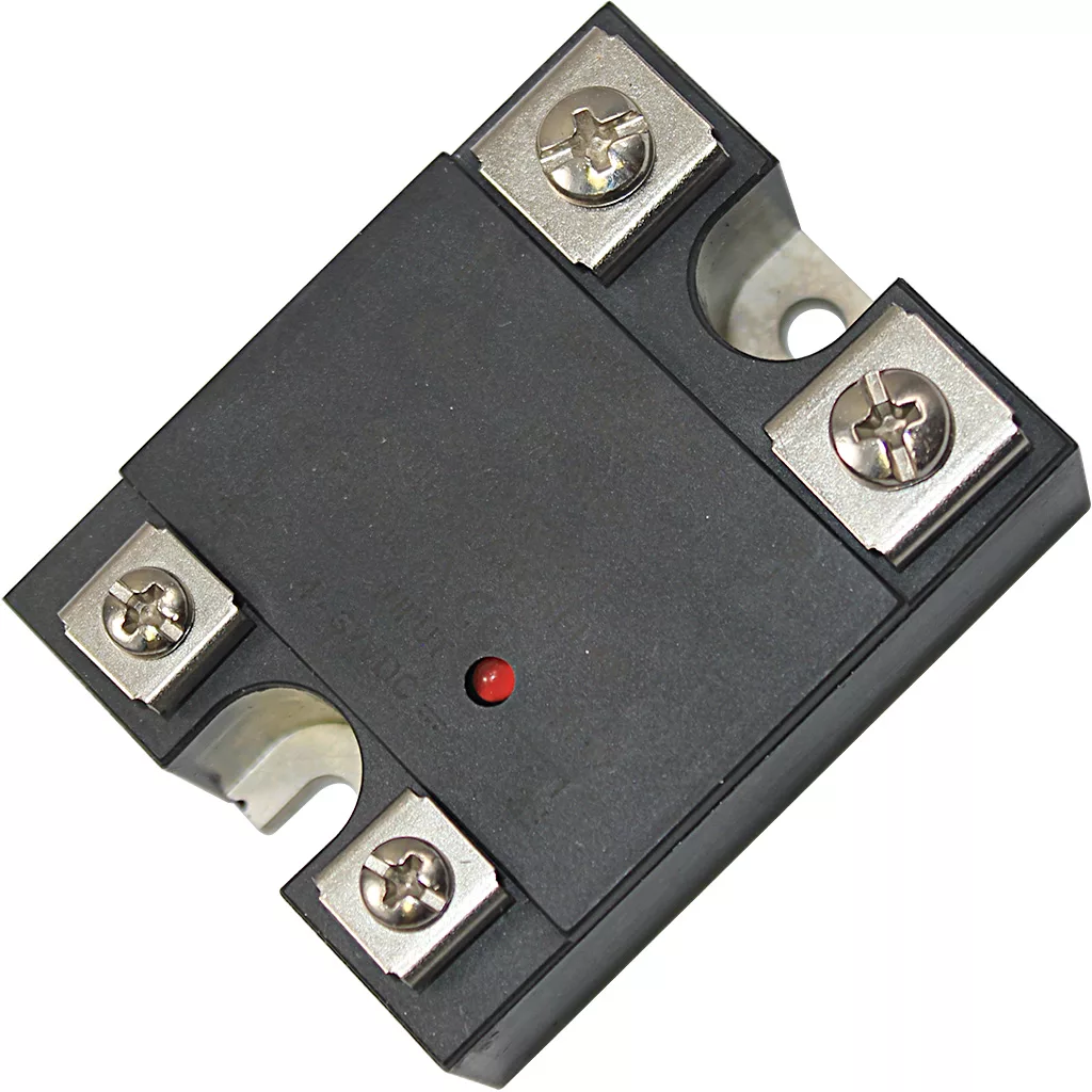 The VBM RELESTATICODS Static Relay - 110V is black, has four metal screw terminals, a central red indicator light, a side mounting hole, and is designed for 110V use. © 2025 1st-line.com