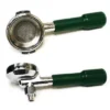 Two Ascaso V.2169 Pod Portafilters for E-61 Groupheads with adjustable green handles are shown on a white background—one view highlights the filter basket, the other features the spout and side profile. © 2025 1st-line.com