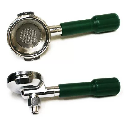 Two Ascaso V.2169 Pod Portafilters for E-61 Groupheads with adjustable green handles are shown on a white background—one view highlights the filter basket, the other features the spout and side profile. © 2025 1st-line.com