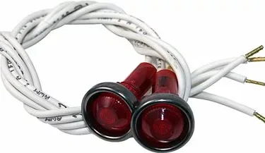 Two Mazzer S000LAA07 Red Lights with attached white wires ending in exposed metal tips, coiled together on a plain background. © 2025 1st-line.com