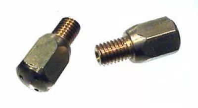 Two metal jets with threaded ends and hexagonal bodies rest on a white surface, resembling the 1st-line Gold3HoleSilvia Steam Wand Tip—3 hole, gold, for Silvia V2 or older. © 2025 1st-line.com