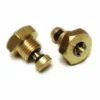 Two Rancilio 3/8 Bleeder/Vacuum Valves with threaded brass bodies, hexagonal heads, central holes, and rubber seals—perfect as vacuum or bleeder valves for Rancilio machines. Shown on a white background. © 2025 1st-line.com