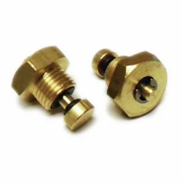 Two Rancilio 3/8 Bleeder/Vacuum Valves with threaded brass bodies, hexagonal heads, central holes, and rubber seals—perfect as vacuum or bleeder valves for Rancilio machines. Shown on a white background. © 2025 1st-line.com