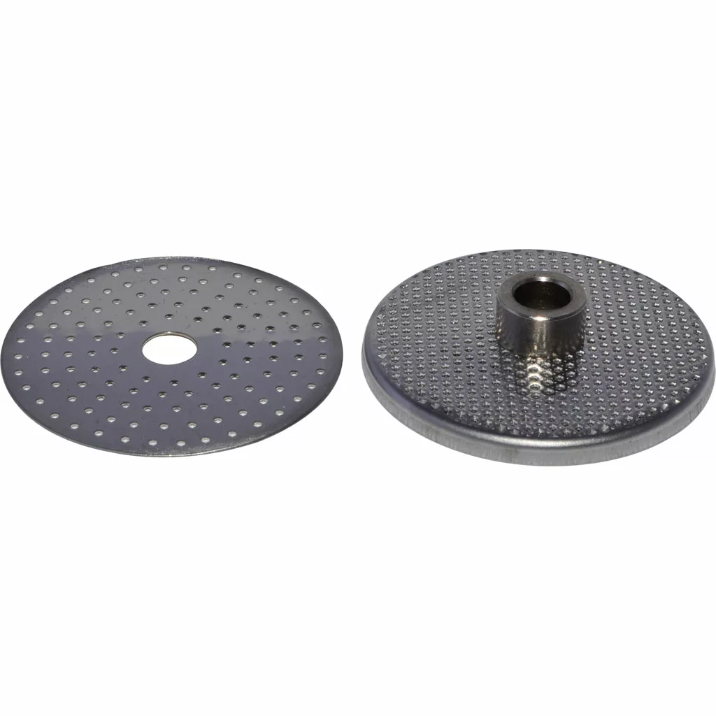 Two round, flat metal discs—one thin with a central hole, one thicker with a raised ring—appear to be from the DISCONTINUED Velox WM9105501 2 Cup Filter Set for coffee machines. © 2025 1st-line.com