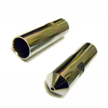 Two shiny, cylindrical Ascaso I..891 1-Hole Steam Wand Tips are shown on a white background—one stands upright with a pointed tip, while the other lies on its side, displaying its hollow interior. © 2025 1st-line.com