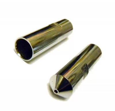 Two shiny, cylindrical Ascaso I..891 1-Hole Steam Wand Tips are shown on a white background—one stands upright with a pointed tip, while the other lies on its side, displaying its hollow interior. © 2025 1st-line.com