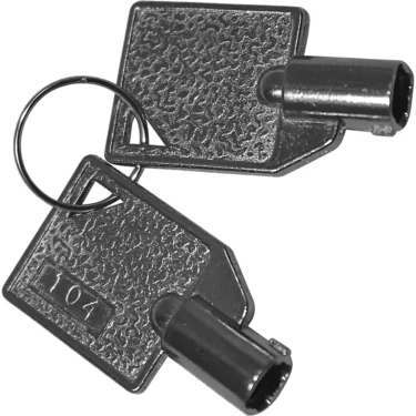 Two silver metal tubular keys with textured rectangular heads, engraved 104 and attached to a small keyring, are Elektra 00386035 Keys for Programming Doses—designed for those who value secure, precise engineering. © 2025 1st-line.com