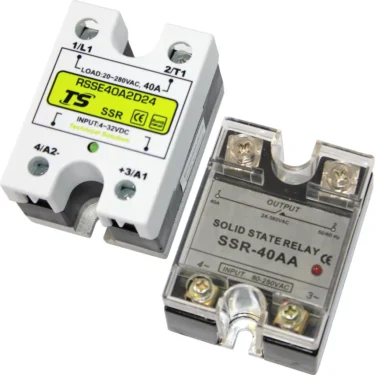 Two solid state relays are shown—one labeled RSSE40A2D24 with a yellow and white label, the other SSR-40AA. Both have screw terminals for connections and are suitable for use with the Ascaso I.1133 Relay. © 2025 1st-line.com