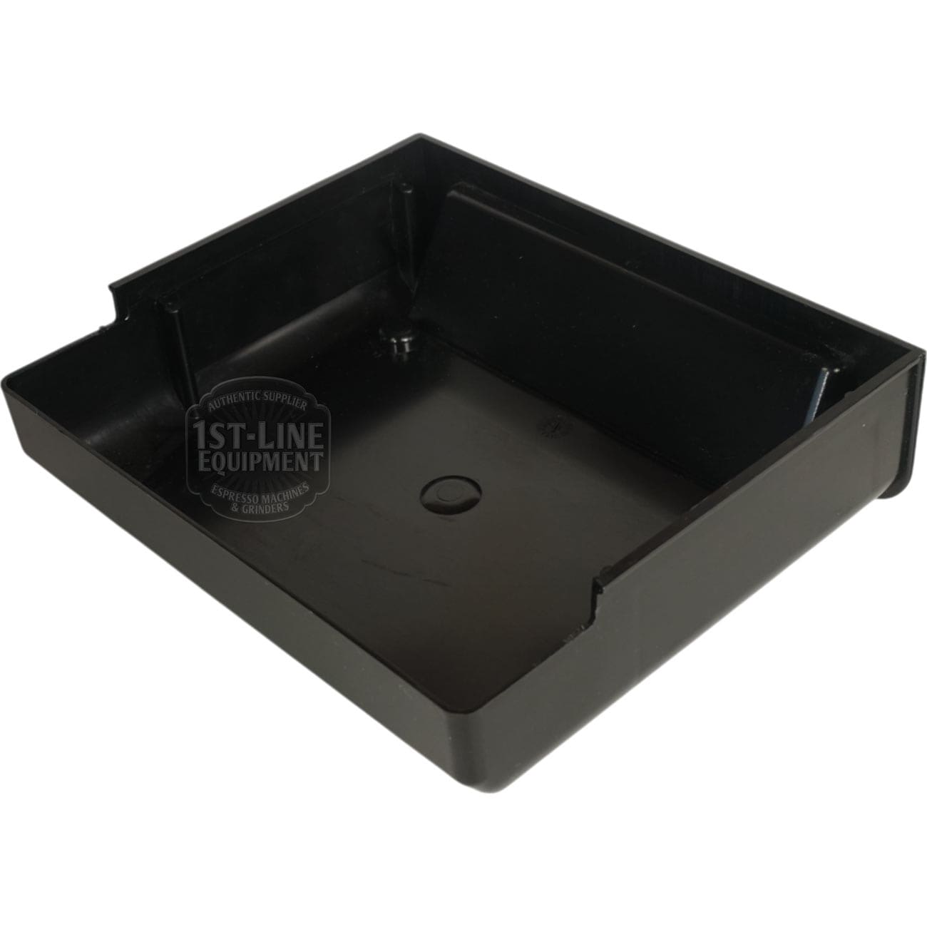 A black Lelit MC051 Plastic Drip Tray, rectangular with raised edges and a central circular indentation, shown at an angle against a white background. © 2025 1st-line.com