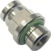 A close-up of the Lelit MC075 Boiler Receptacle w/ Quick Release shows its metallic hexagonal body, green sealing ring, and quick-release openings at both ends for connecting tubing. © 2025 1st-line.com