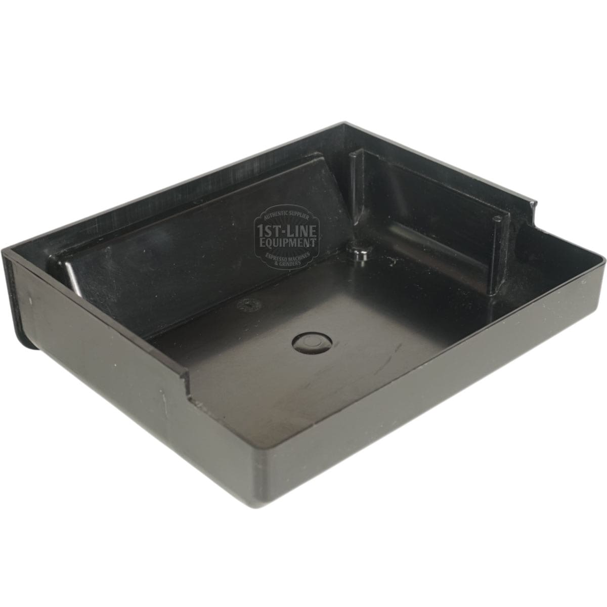 The Lelit MC051 Plastic Drip Tray is a black, rectangular tray with raised edges, a central circular indentation, and a small embossed logo on the inner side—compatible with Lelit MC051 models. © 2025 1st-line.com