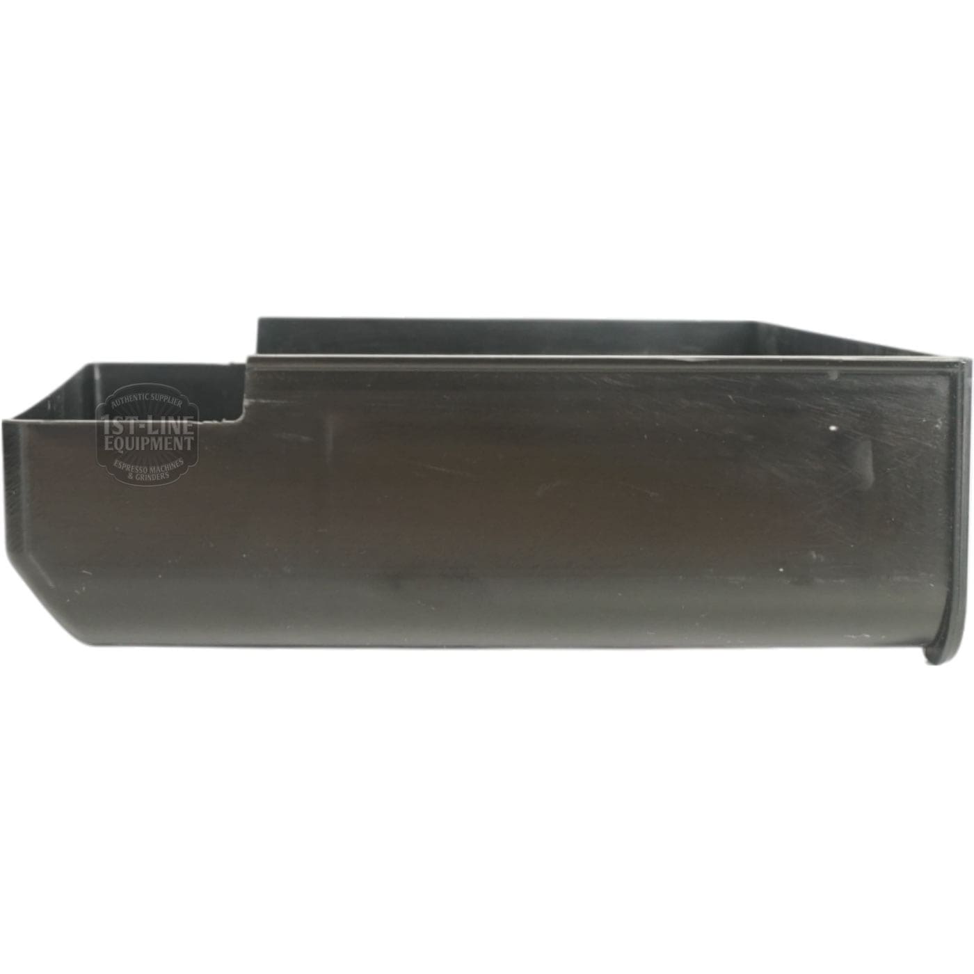 The Lelit MC051 Plastic Drip Tray is black, rectangular, and made of plastic with straight sides and a cut-out on one end. It is shown side-on against a plain white background. © 2025 1st-line.com
