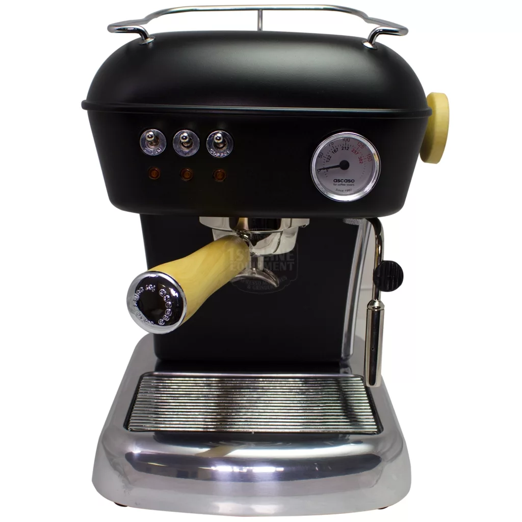 A discontinued Ascaso Dream UP V3 espresso machine with a wood handle and knob, black and silver finish, temperature gauge, three control buttons, and steam wand, shown on a white background. © 2025 1st-line.com
