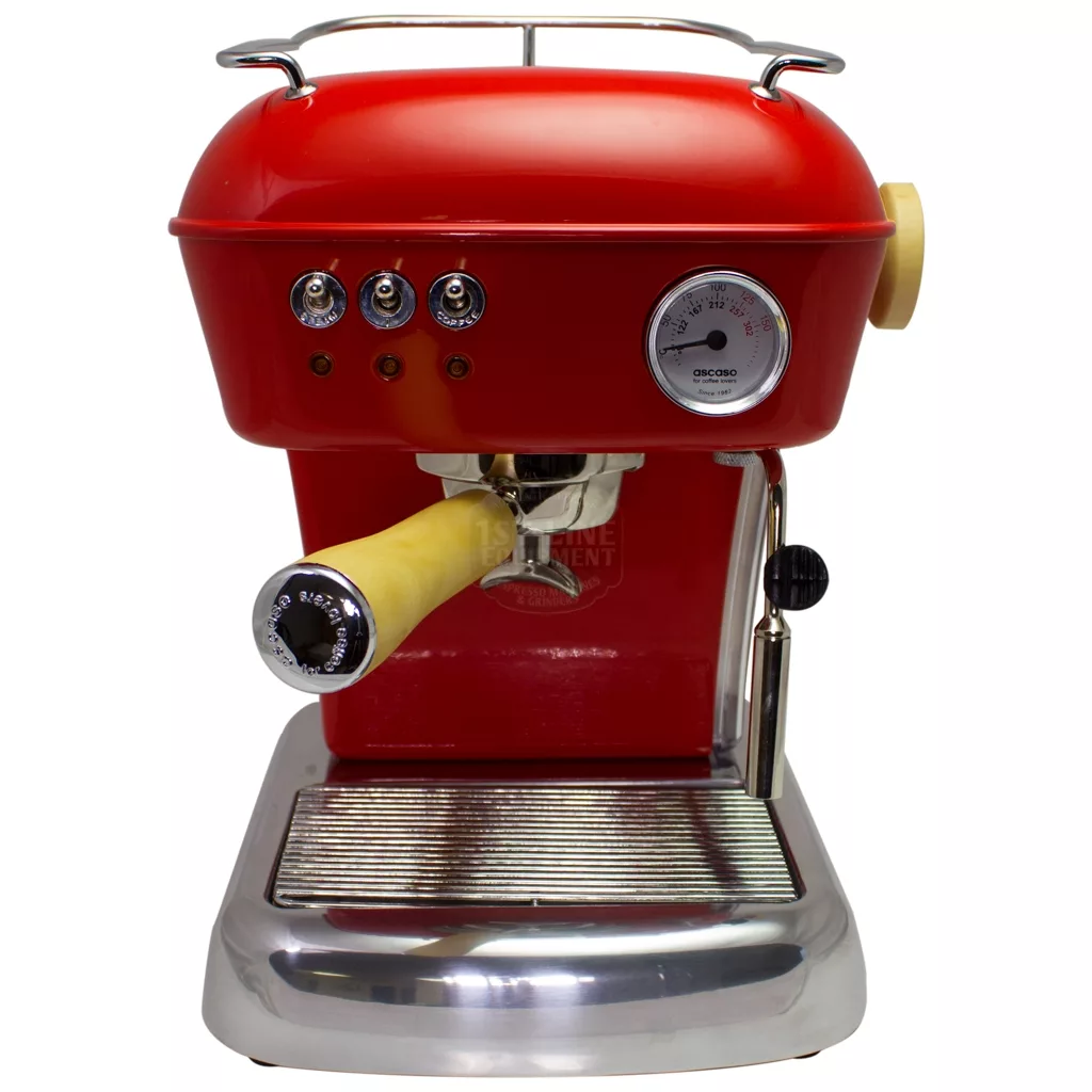 The discontinued Ascaso Dream UP V3 Espresso Machine features a vintage design with three silver switches, a pressure gauge, a wood handle and knob, and sits on a metal drip tray with the steam wand on the right. © 2025 1st-line.com