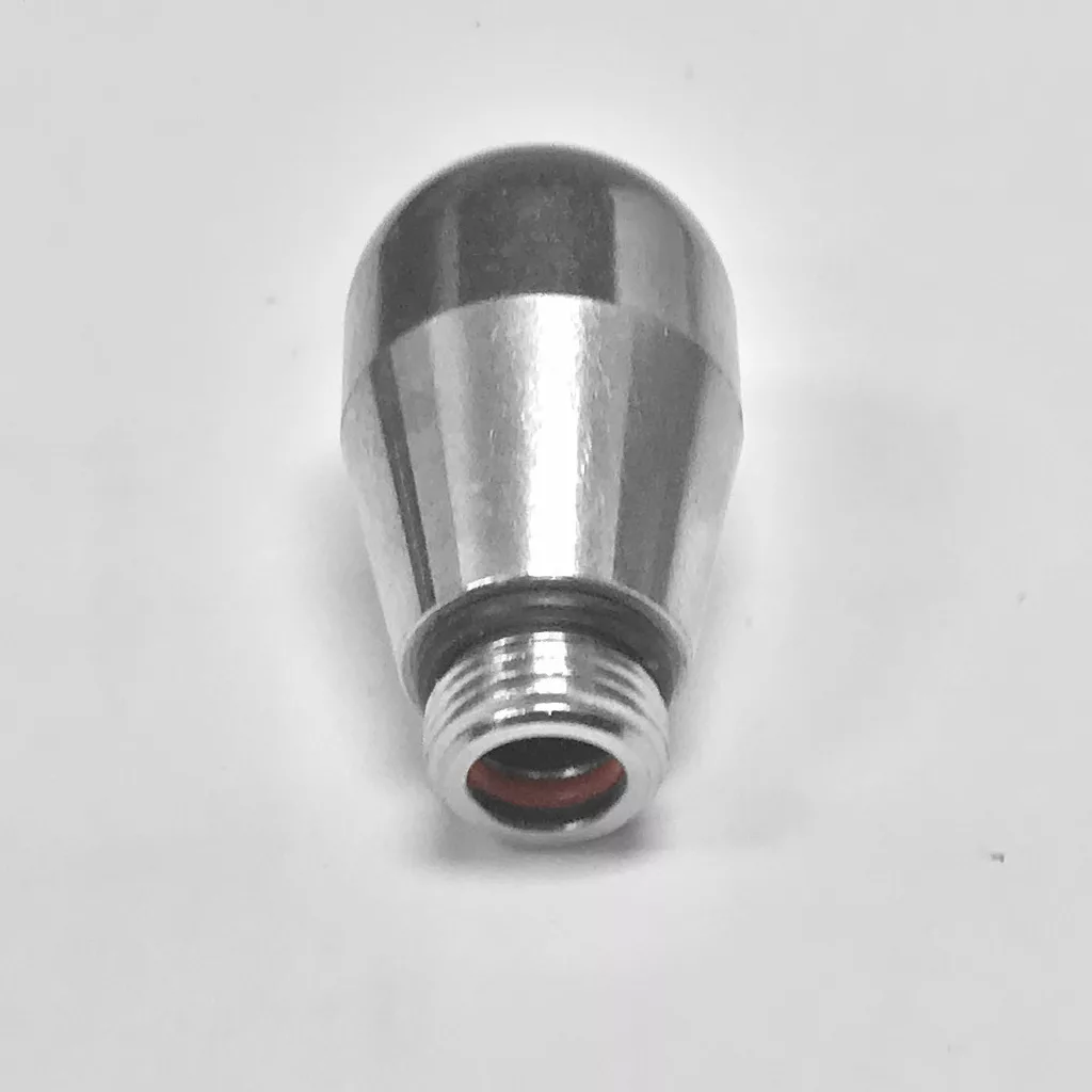 The DISCONTINUED Lelit MC2200057 2-Hole Steam Wand Tip w/ O-rings is a metallic, cone-shaped part with a threaded end and smooth finish, shown upright on a plain white background. © 2025 1st-line.com