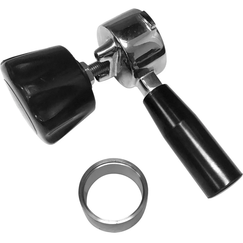 The DISCONTINUED Service Tool RENTAL - Ponte Vecchio includes a metal portafilter with black handles, an adjustment tool, and a separate metal ring for espresso machines, ideal for professional baristas. © 2025 1st-line.com