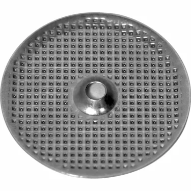 The Lelit MC137 Shower / Dispersion Screen is a round metal disc with a raised, textured grid pattern and central indentation, designed for use in espresso machine filters or coffee equipment. © 2025 1st-line.com