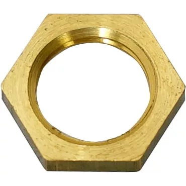 A top view of the Lelit CV103 Steam/Water Valve Nut, a brass hexagonal fitting with a threaded center and gold metallic finish, displayed against a white background. © 2025 1st-line.com